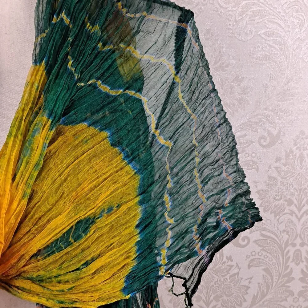 Indian Multi Color Silk Scarf Scrunched Texture Beaded Ends NWOT